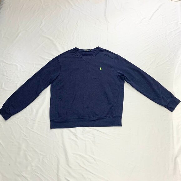 Polo Ralph Lauren Mens Navy Blue Fleece Crew neck Sweatshirt XL Neon Green Logo - Picture 5 of 9